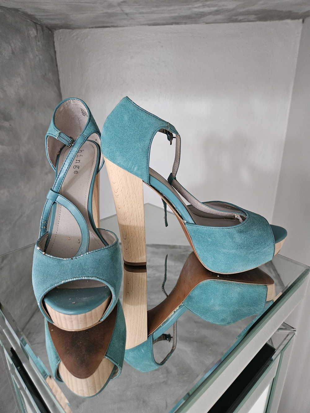 hinge Teal Suede Platform Sandals with Wooden Block Heel